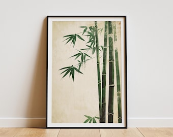 May include: A framed print featuring a bamboo forest illustration. The artwork showcases green bamboo stalks and leaves against a beige background. The print is encased in a black frame, suitable for wall decor.