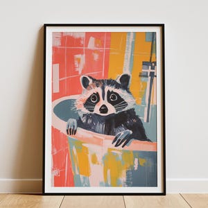 Painting Raccoon in Shower Bathroom Poster Print Modern Animal Art Cute Raccoon Painting Funny Animal Wall Decor Whimsical Bath Poster