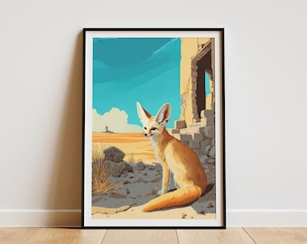 Fennec Fox Desert Art Print Ancient Ruin Wildlife Illustration Poster Minimalist Animal Wall Decor Unique Desert Fox Travel Poster Gift
