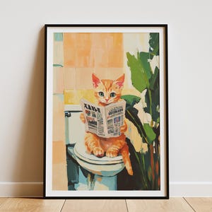 Póster de periódico con gatito, impresión de gato en el inodoro, arte humorístico para gatos, decoración de pared para baño, póster divertido de animales, impresión artística de gatito lindo, regalo para amantes de las mascotas