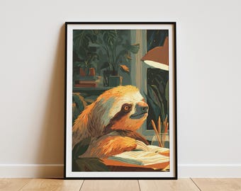 May include: A framed art print featuring a sloth at a desk, illuminated by a warm lamp. The sloth is depicted with orange and brown fur, focused on a book. The background includes plants and a window, creating a cozy, indoor scene.