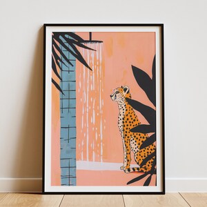 Pintura de guepardo en la ducha, pintura naranja y negra, impresión artística para baño, póster de animales tropicales, decoración moderna para baño