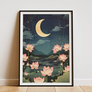 Mondsichel See Lotus Blume Poster asiatisch Kunst Druck Botanische Wand Dekor Rosa Blume Mond Nachthimmel Gelassene Natur Kunst Mond und Lotus