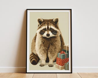 Festive Raccoon Christmas Art Print Winter Holiday Animal Wall Decor Cute Raccoon with Gifts Illustration Unique Christmas Wall Art Poster