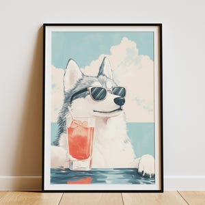 Cooler Husky Hund Sommer Strand Cocktail Print Hund Kunst Sommer Poster Haustier Liebhaber Geschenk Lustiges Tier Poster Süßer Hund Wanddeko Moderner Hundedruck