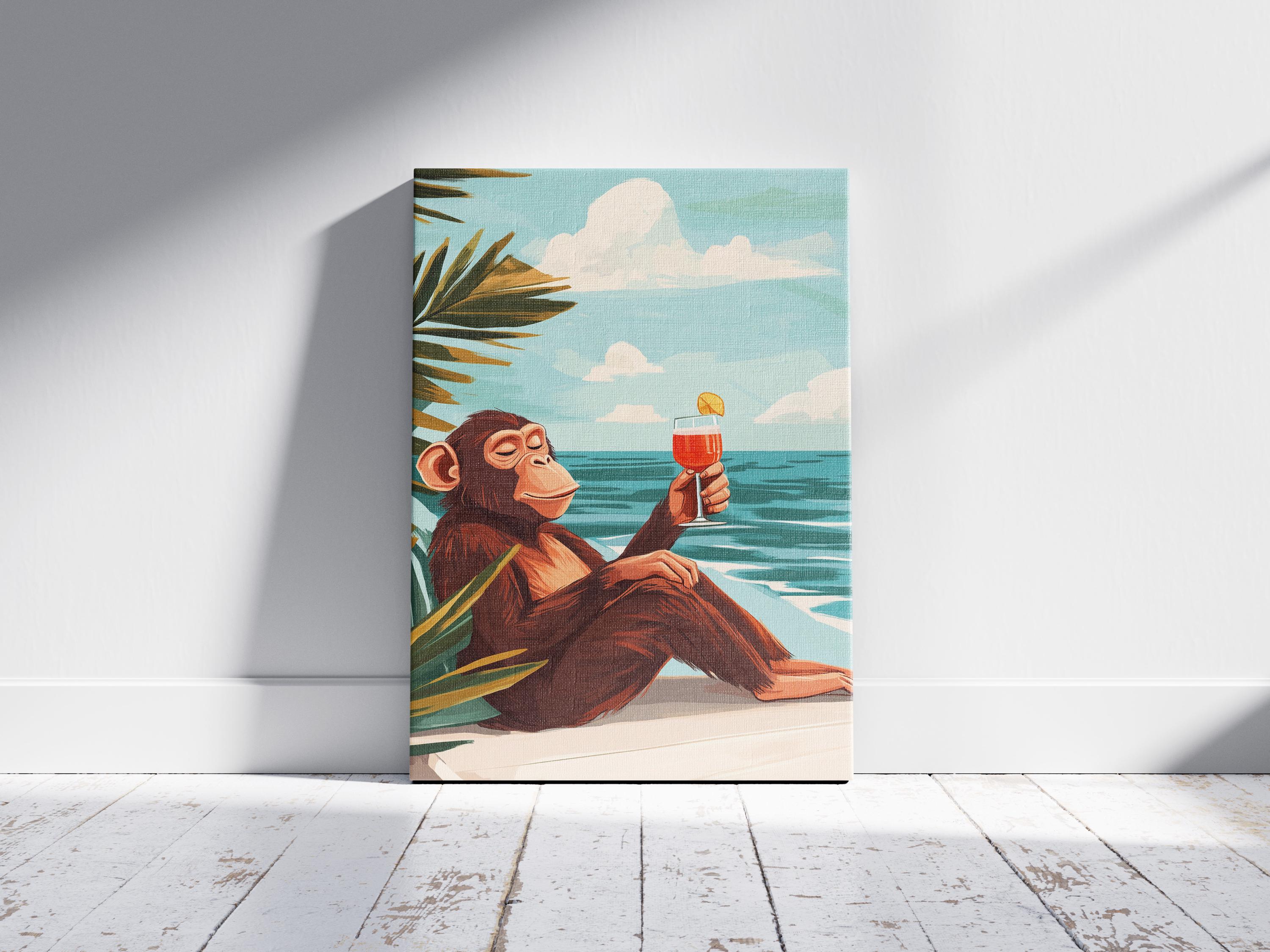 MONKEY MARK スペース・パラシュート グラフィックアート A1サイズ Chimpanzee Beach Poster Summer Monkey Print Tropical Animal Art