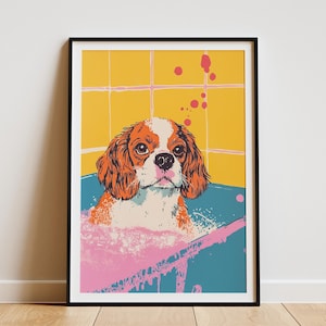 Cavalier King Charles Spaniel Art Print Dog in Bathtub Poster Pet Portrait Animal Illustration Wall Decor Bathroom Art Dog Lover Gift Puppy