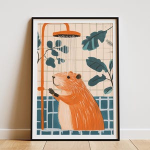 Pintura de capibara duchándose, impresión artística, decoración de baño, pintura gouache de animales, póster naranja y verde azulado, decoración moderna para el hogar