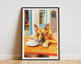 Dog in Cafe Poster Dog Art Print Cozy Coffee Shop Quirky Home Decor Modern Wall Art Dog Lover Gift Pet Portrait Cafe Scene Print