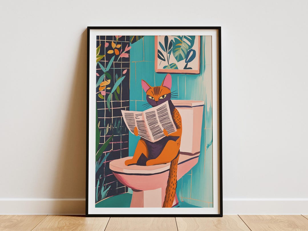 Abyssinian Cat on Toilet Newspaper Art Print Bathroom Humor Quirky Cat ...