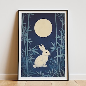 Rabbit Full Moon Print Japanese Art Lunar Hare Poster Bamboo Wall Art Celestial Animal Illustration Modern Home Decor Rabbit Lover Gift