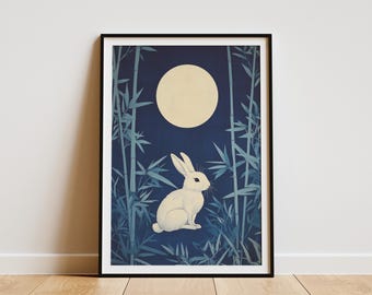 Konijn Volle Maan Print Japanse Kunst Maanhaas Poster Bamboe Muurdecoratie Hemels Dier Illustratie Moderne Woondecoratie Cadeau voor Konijnenliefhebbers