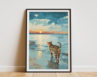 Majestic Bengal Cat Sunset Beach Art Print Ocean Waterline Wall Decor Exotic Feline Lover Gift Serene Coastal Animal Artwork
