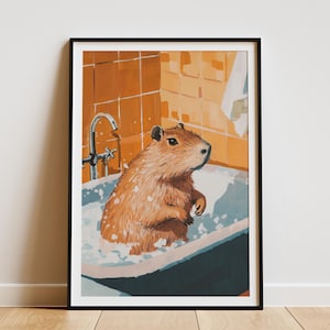 Cute Capybara in a Bathtub Bathroom Poster Print Funny Animal Wall Art Modern Home Decor Whimsical Animal Illustration Unique Capybara Gift