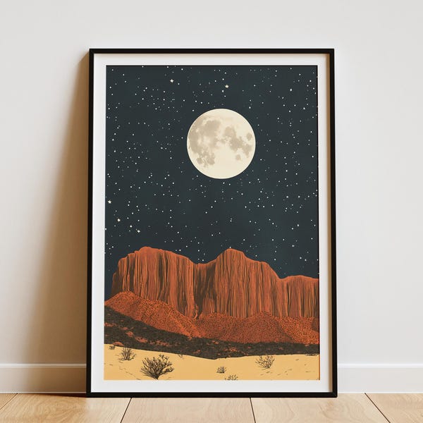 Plakat z Parku Narodowego Big Bend w Teksasie, scena księżycowa w świetle pustyni, styl vintage, wydruk artystyczny, dekoracja ścienna z południowo-zachodniego Teksasu, plakat podróżniczy, sztuka, nocne niebo