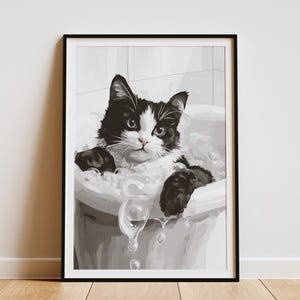 Black and White Cat Bathtub Poster Print Domestic Shorthair Cat Wall Art Funny Cat Bathroom Decor Cute Kitten Illustration Paper Poster