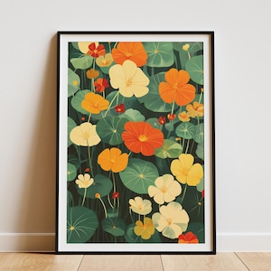 Sommergarten Kapuzinerkresse Blumen Poster Botanische Illustration Druck Orange Gelb Weiße Blumen Kunst Wohnkultur Wandkunst Blumendruck Sommer