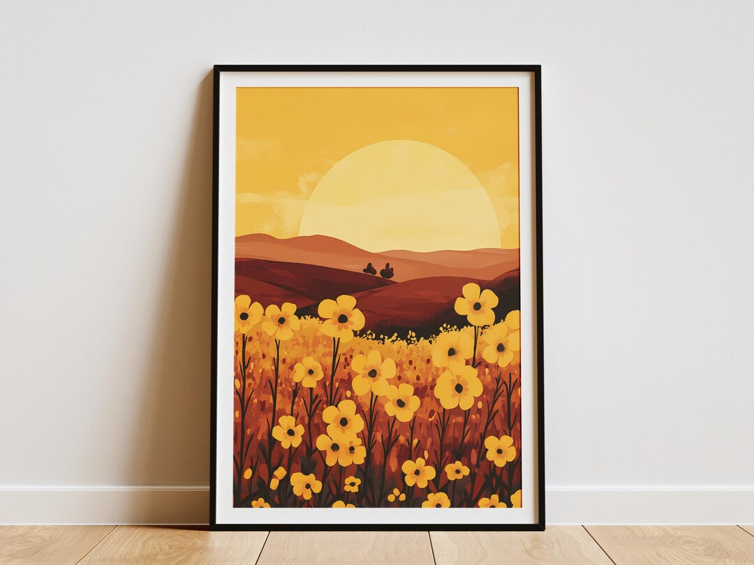 Mustard Flower Field Sunset Landscape Poster Yellow Floral Art Print ...
