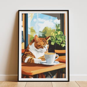 Impresión artística de un acogedor café con gatos: un gato jengibre tomando café, póster estilo Matisse, pintura al óleo, decoración de pared felina, regalo para amantes de los gatos, decoración del hogar