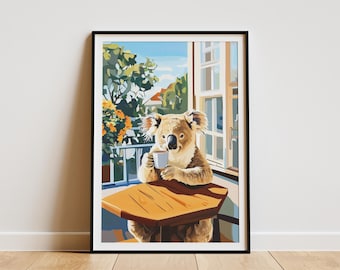 Koala Cafe Art Print Cozy Coffee Shop Poster Animal Illustration Wall Art Koala Bear Drinking Coffee  Paper Poster Cute Animal Art