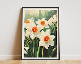 Póster de jardín de narcisos, impresión artística de flores de primavera, ilustración de narcisos blancos, decoración botánica de pared, decoración floral para el hogar, impresión botánica moderna