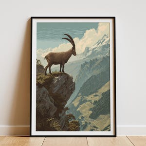 Majestic Ibex on Alpine Cliff Travel Poster Vintage Style Print Mountain Wildlife Art Alps Landscape Nature Home Wall Decor for Outdoor