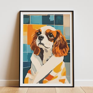 Cavalier King Charles Spaniel Puppy in Bath Poster Print Dog Lover Gift Bathroom Decor Pet Portrait Wall Art Cute Puppy Print Dog Art