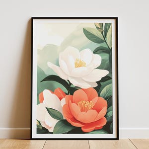 Botanische print CamelliabloemposterBloemenkunst aan de muurHuisdecoratieRode en witte camelia illustratieWinterbloemenNatuurkunstPlantenafdrukCadeau