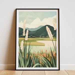 Sommer Sonnenuntergang Land Landschaft Poster DruckNatur WandkunstBohemian DekorModernes BauernhausGrüne WieseCreamy Beige TönePflanzen