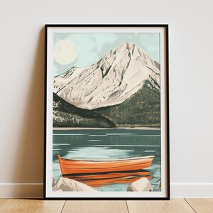 Póster de lago de montaña, paisaje de aguas tranquilas, impresión artística, lago tranquilo, serenidad, escena de naturaleza, decoración de pared, decoración del hogar, decoración de casa de lago
