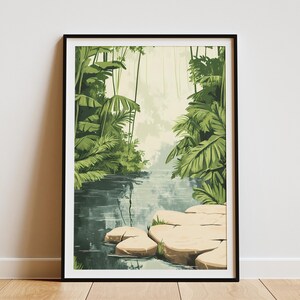 Póster de río de jungla, impresión de plantas tropicales, arte de pared de naturaleza tranquila, ilustración botánica, decoración relajante, decoración moderna para el hogar, póster de hojas verdes