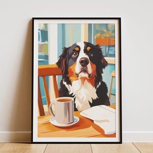 Impresión artística de perro de montaña bernés, póster de perro tomando café, regalo para amantes de los perros, decoración de cocina, impresión artística divertida de perro