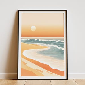 Impresión de arte de pared con puesta de sol en la playa, póster de océano, impresión minimalista de verano, decoración bohemia, decoración del hogar costero, arte de paisaje abstracto, descargable digital