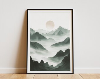 Minimalist Mountain Watercolor Art Print Japanese Inspired Landscape Simple Mountain Range Scenery Wall Art Paper Poster Home Decor