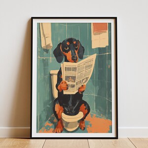 Dachshund Dog Art Print Funny Bathroom Poster Wiener Dog Reading Newspaper on Toilet Humorous Pet Lover Gift Unique Dog Lover Art Home Decor