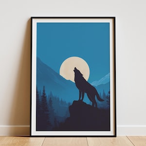 Majestic Wolf Howling Full Moon Poster Print Vintage Wildlife Night Sky Art Nature Landscape Wilderness Wall Decor Lone Wolf Animal Lover