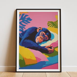 Levendige chimpansee slapen Art Print Matisse-stijl kleurrijke dieren muur decor moderne primaat jungle Home kunst slaapkamer galerij cadeau-idee