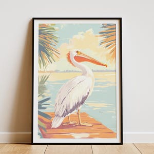 Pelikan auf Dock Kunstdruck Küsten Dekor Strand Haus Wand Kunst Nautik Vogel Poster Seelandschaft Malerei Ozean Kunstwerk Urlaub Wohnkultur