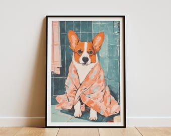 May include: Framed art print featuring a Corgi dog wrapped in a pink towel, sitting in a bathroom setting. The dog has orange and white fur, with a focused expression. The background includes teal tiles and a pink towel.