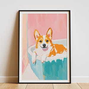Chien corgi dans la baignoire affiche impression art mural animal mignon décoration de salle de bain cadeau amoureux corgi portrait d'animal de compagnie impression d'art chien drôle décoration d'intérieur