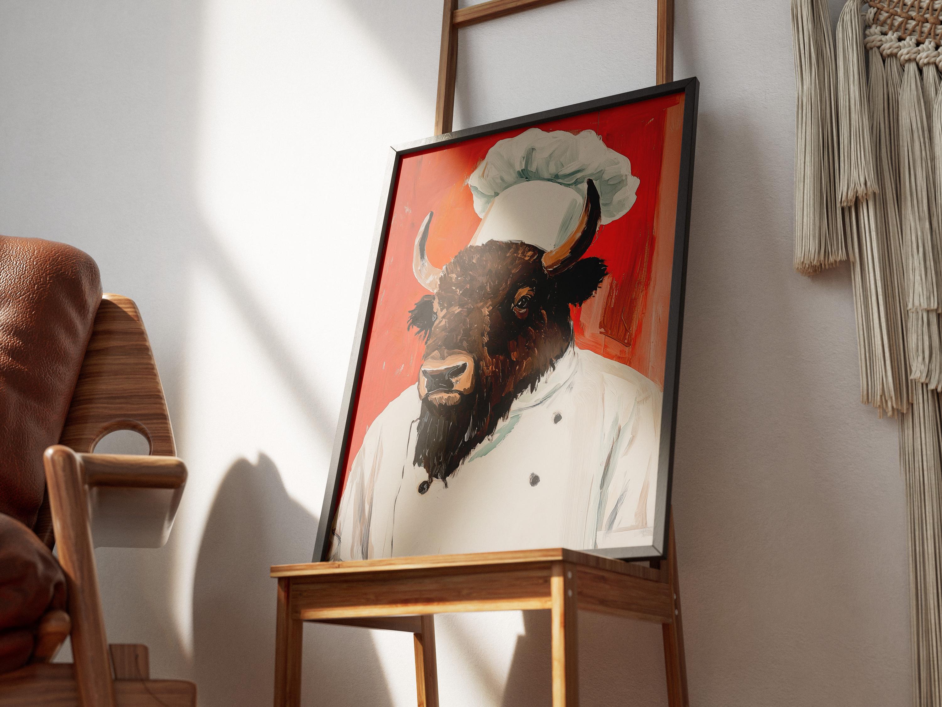 Bison Chef Poster Funny Animal Art Kitchen Decor Restaurant Wall Art ...