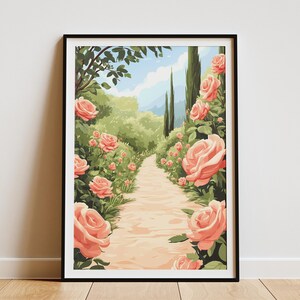 Póster de camino de jardín con rosas florecientes, impresión artística de flores rosas, ilustración botánica, decoración de pared de jardín de rosas, decoración del hogar