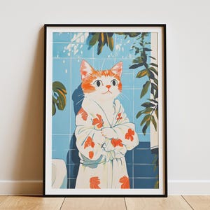 Impresión artística de gatito Van turco, póster de gato en bata de baño, arte de pared para baño, decoración de gatitos lindos, arte animal caprichoso, regalo para amantes de los gatos, retrato de mascota
