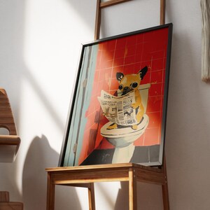 Chihuahua Puppy on Toilet Reading Newspaper Art Print Bathroom Humor Dog Lover Gift Funny Pet Poster Cute Dog Wall Art Quirky Home Decor image 6