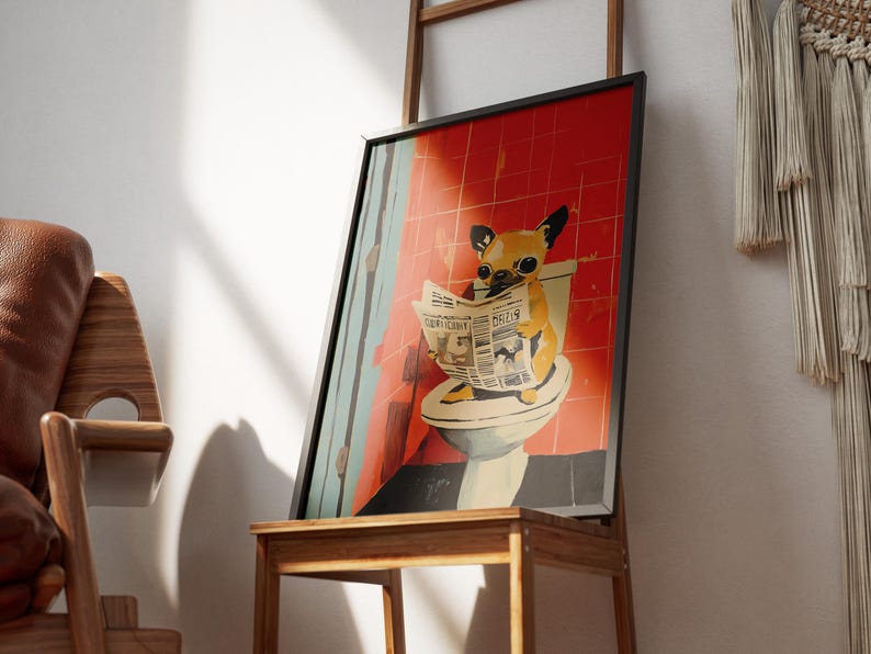 Chihuahua Puppy on Toilet Reading Newspaper Art Print Bathroom Humor Dog Lover Gift Funny Pet Poster Cute Dog Wall Art Quirky Home Decor image 6