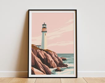 Pastel Lighthouse Coastal Art Print Ocean View Poster Beach House Decor Calm Sea Artwork Modern Lighthouse Painting Pink Sunset Landscape