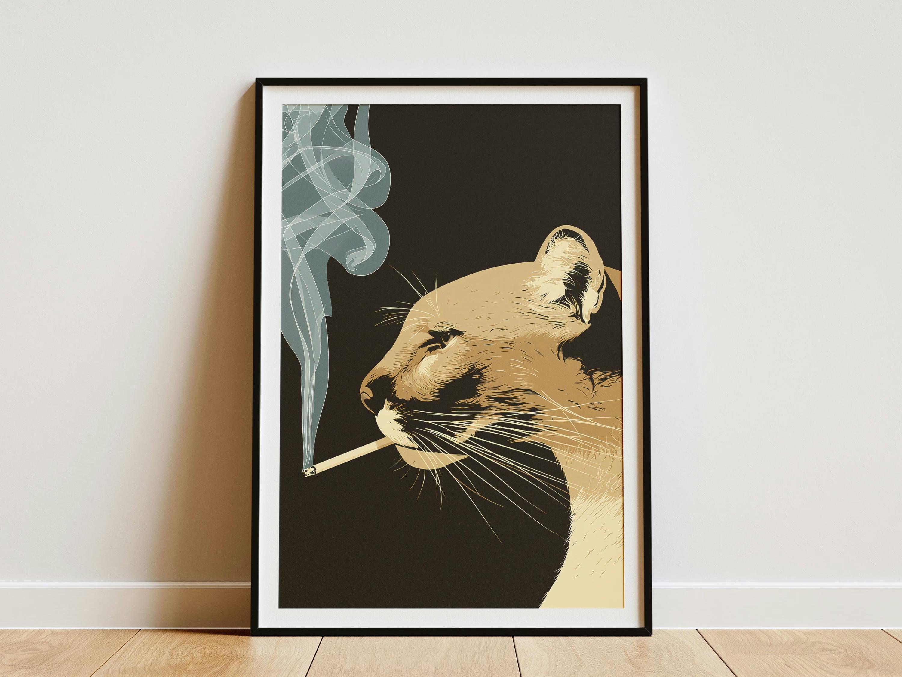 cougar smoking cigarette Art Print Vintage Animal Portrait Moody Cat Wall Decor Our vinyl stickers are available in four different sizes and are kiss A Midcentury Cougar on the