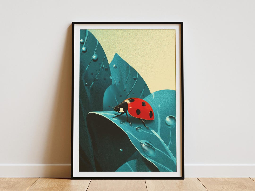 Vibrant Ladybug Dewdrop Leaf Print Modern Nature Wall Art Poster ...