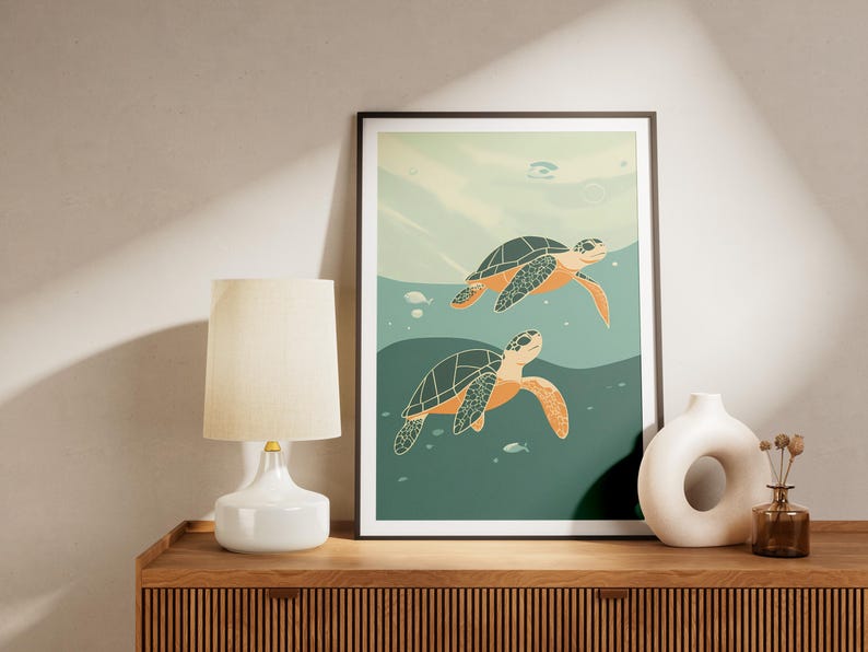Sea Turtle Poster Ocean Animal Art Print Coastal Wall Decor Beach House ...