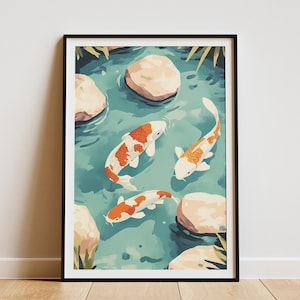 Impresión artística de estanque Koi, póster de peces japoneses, decoración asiática para el hogar, arte de pared moderno, vida acuática serena, ilustración botánica, piedras cubiertas de musgo, calma